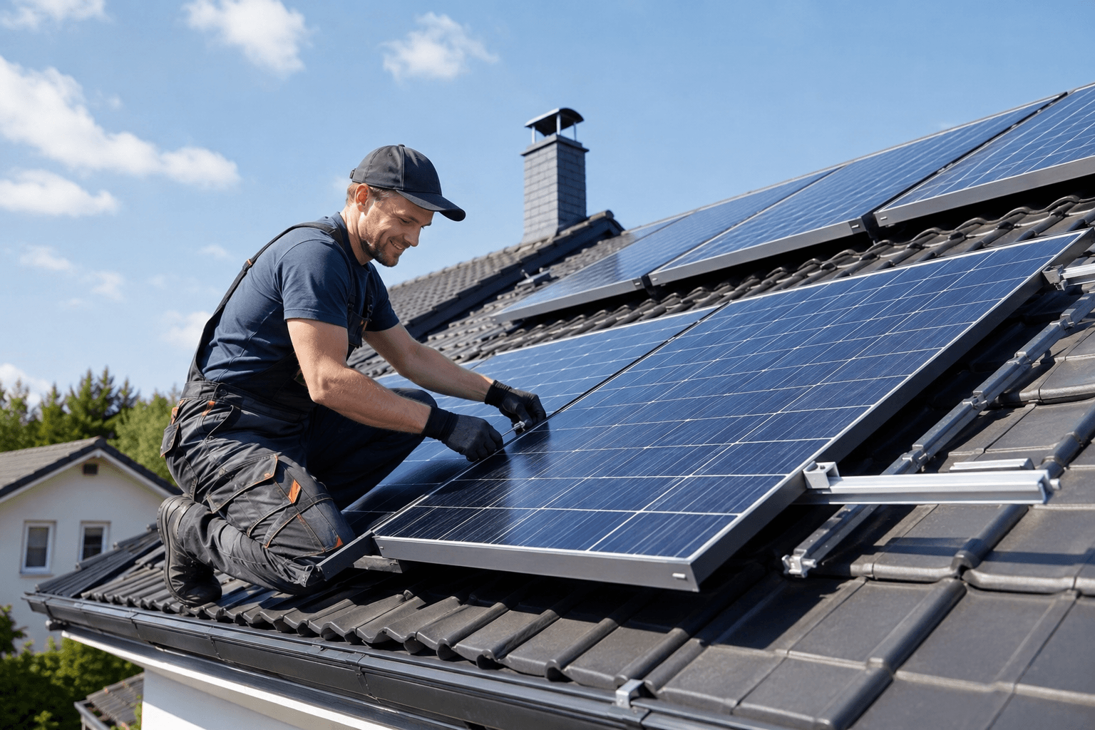 Photovoltaik-Monteur installiert Solarmodule auf einem Hausdach